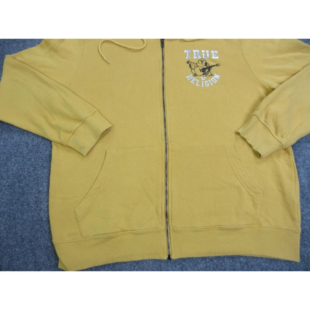 True Religion Hoodie Mens 2XL Yellow Full Zip Fleece Sweatshirt Buddha Star